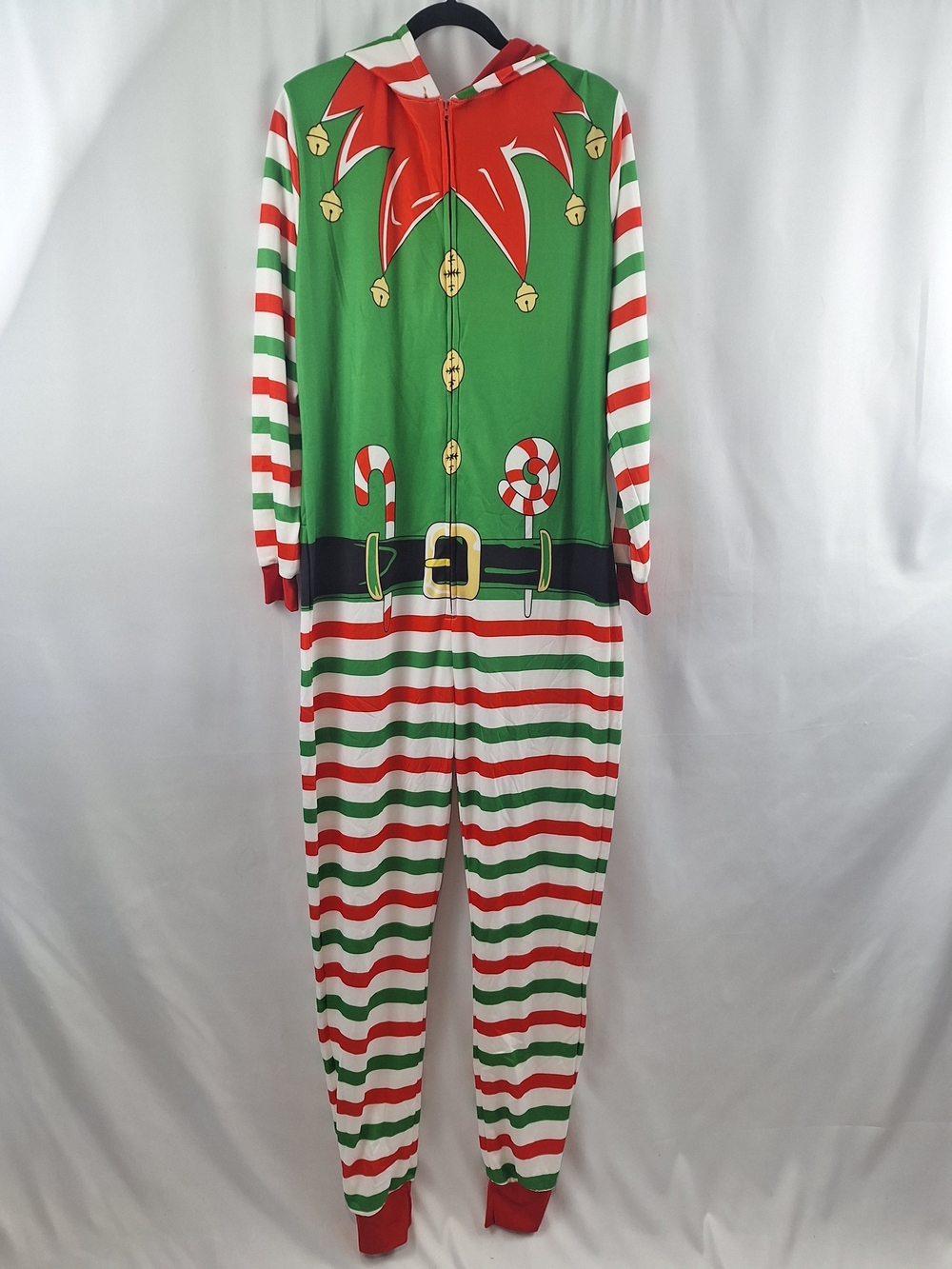 Adult Christmas Elf One-Piece Hoodie Pajama Costume - Green/Red